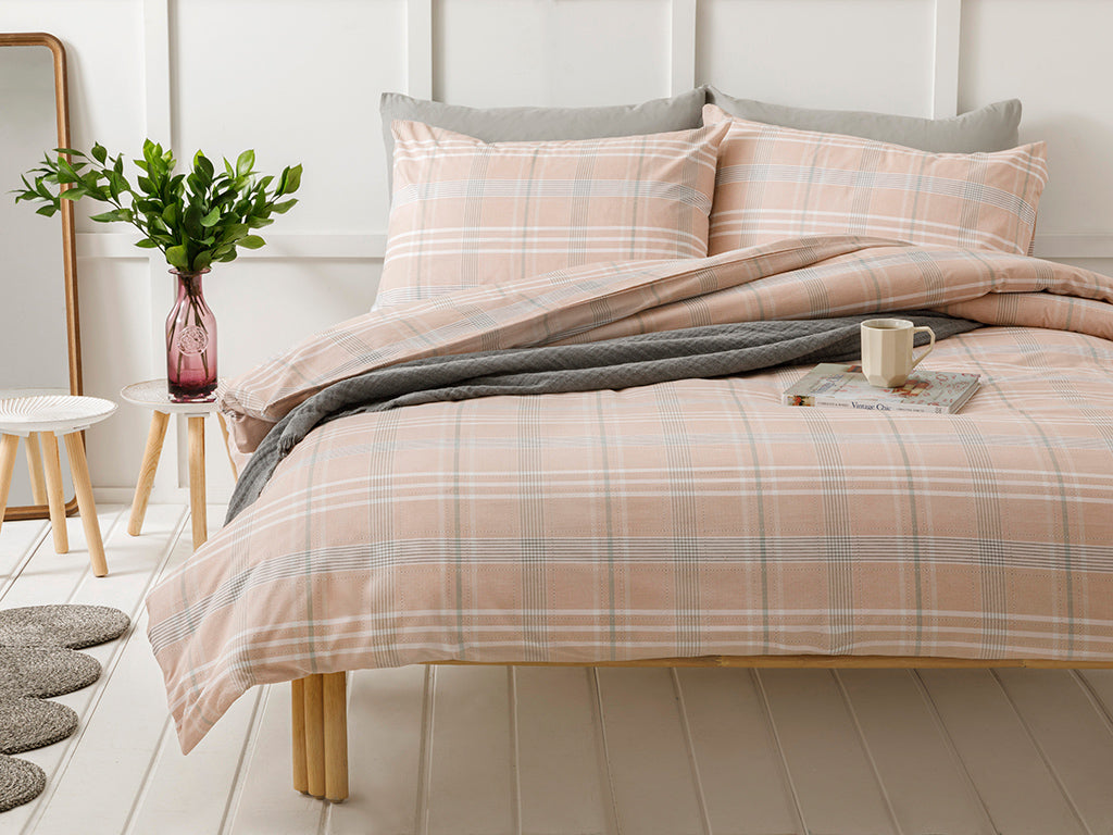 Check Natural Bettdeckenbezug-Set Baumwolle Doppel  200X220Cm Rosa